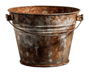 Rusty bucket in vintage style rustic home nostalgia effect isolated on transparent background