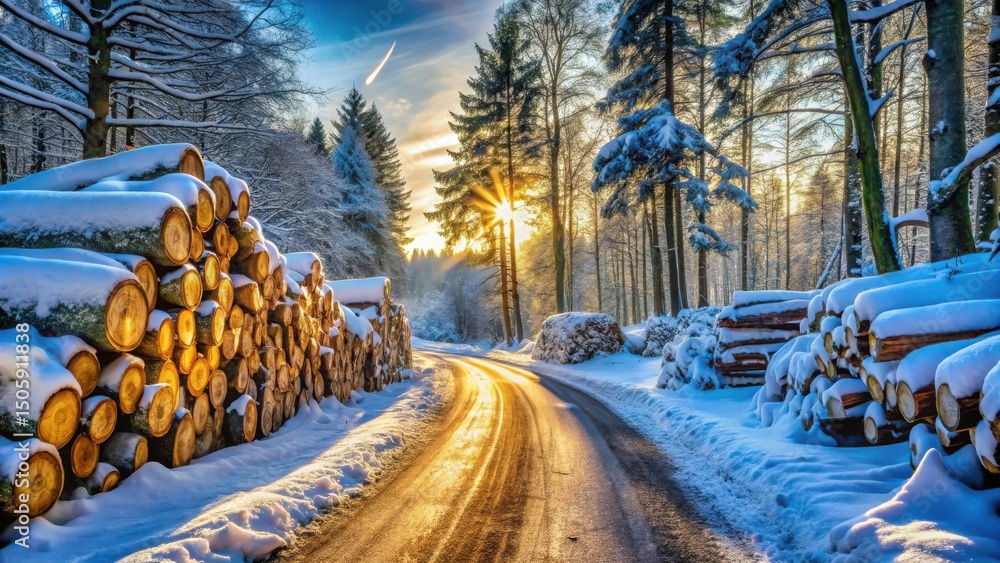 Poster a snowy forest path winds through a winter wonderland with stacks of logs covered in frost, bathed i