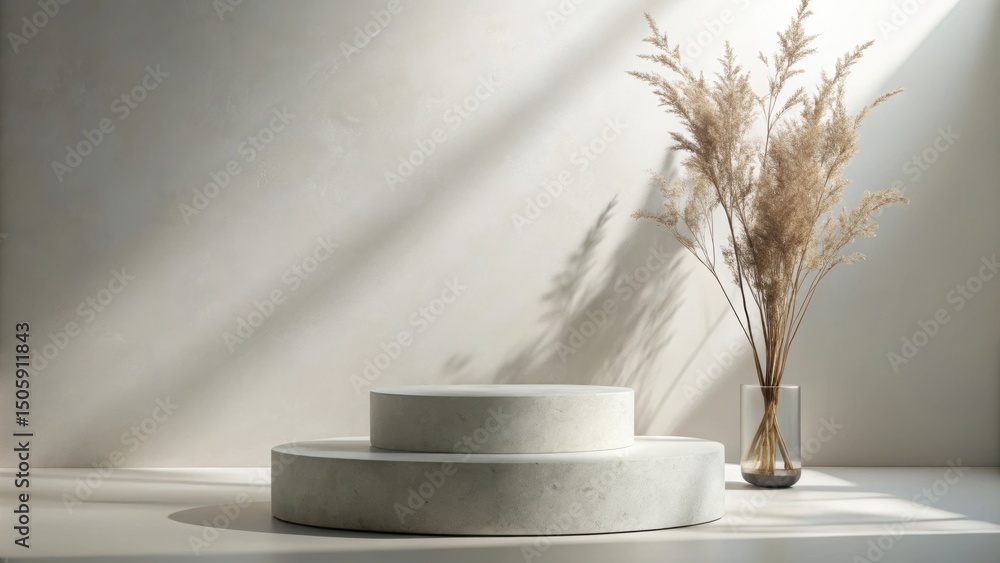 Fototapete Minimalistic product display with a circular podium and dried flower arrangement in a glass vase against a textured white background with soft light shadows.