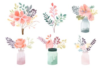 A collection of charming watercolor illustrations featuring various pastel-colored floral bouquets and individual branches, some presented in glass jars, on a white background.