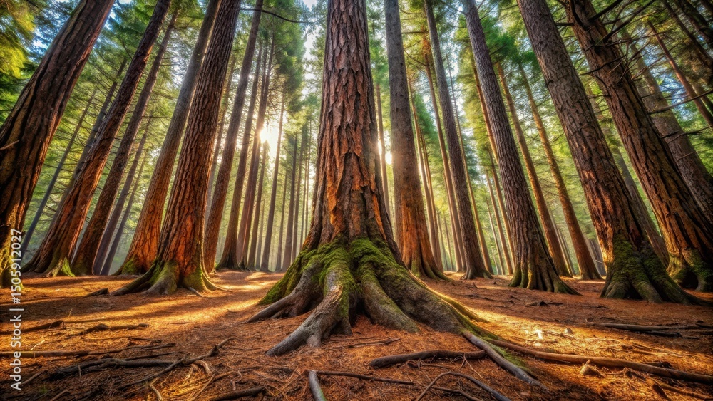 Poster Sunlight streams through the towering trunks of a dense forest, casting long shadows on the forest floor