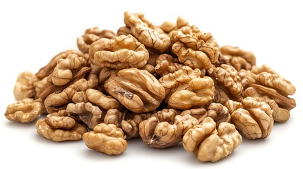 Fototapeta premium Macro Pile of Shelled Walnuts Food Ingredient Detail on White Plain Background