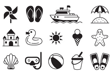 Set of Summer Beach and Vacation Line Art Icons