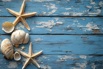 Sea shells and starfish on a distressed blue wooden surface.