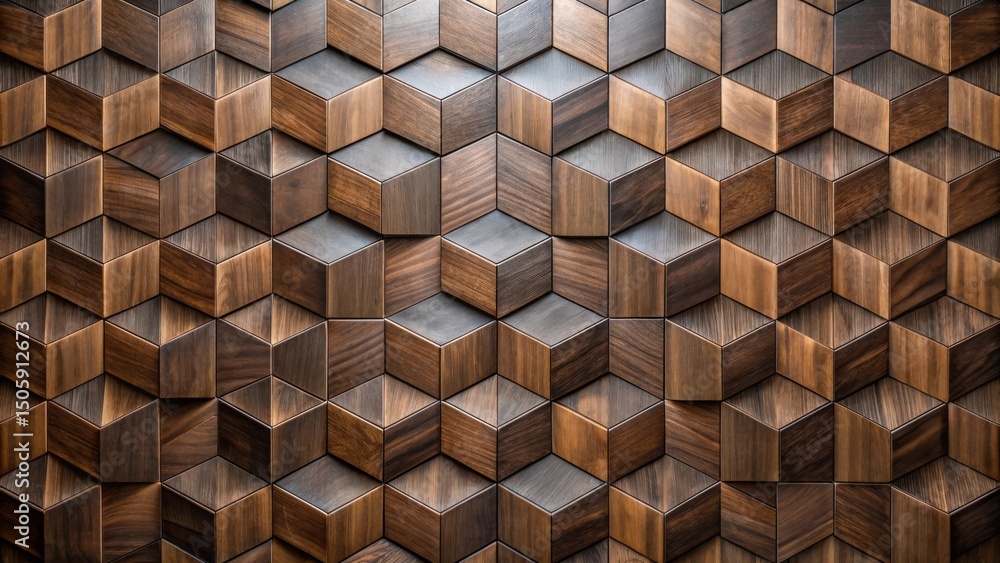 Poster geometric wooden wall paneling with a 3d effect, creating an intricate pattern of cubes and rectangl