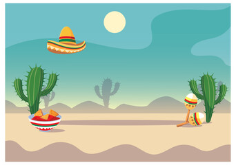 Vector Illustration of a Desert Landscape with Mexican Cultural Elements.