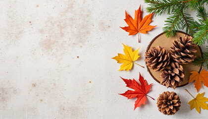 Autumn leaves and pinecones arranged on wooden slice with spruce branches on light background