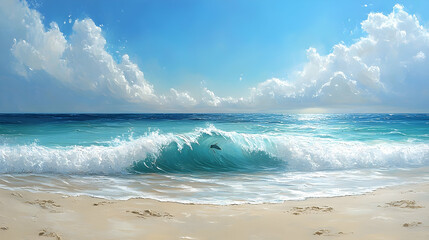 Obraz premium Azure waves crash on a sandy shore on a bright day.
