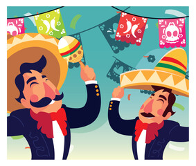 Vector Illustration of Two Mariachi Musicians with Papel Picado on Turquoise Background