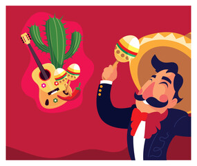 Vector Illustration of Mariachi With Maracas, Sombrero, Guitar, Cactus, and Chili Peppers on Red Background