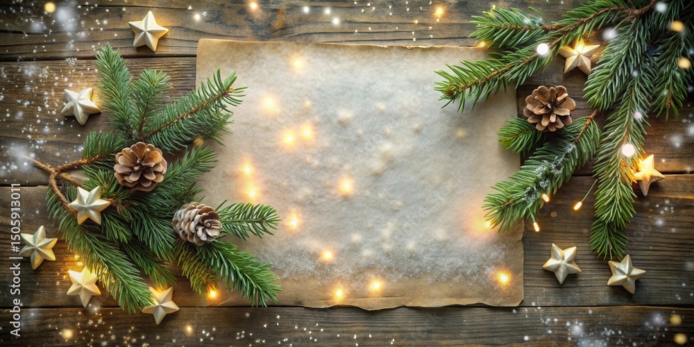 Poster a rustic christmas background featuring a snowy parchment paper surrounded by evergreen branches, gl