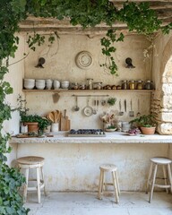 Rustic Outdoor Kitchen With Stone Walls Wooden Shelves Utensils Greenery And Vintage Stools
