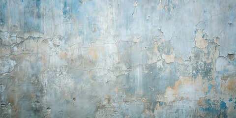 Fototapeta premium A weathered blue and yellow wall texture with peeling paint and cracks creating a distressed and vintage aesthetic.