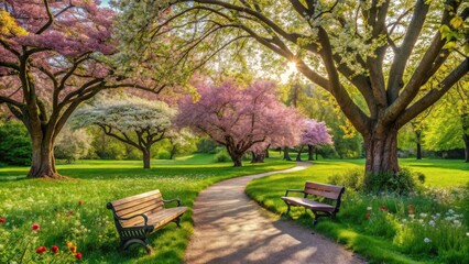 Fototapeta premium A winding path leads through a picturesque park, where vibrant pink blossoms create a canopy of color, inviting you to wander and find a tranquil spot on one of the wooden benches bathed in sunlight.