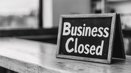 business closed. Business closure sign on a wooden surface in black and white.