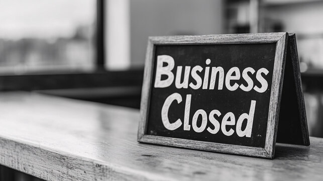 business closed. Business closure sign on a wooden surface in black and white.