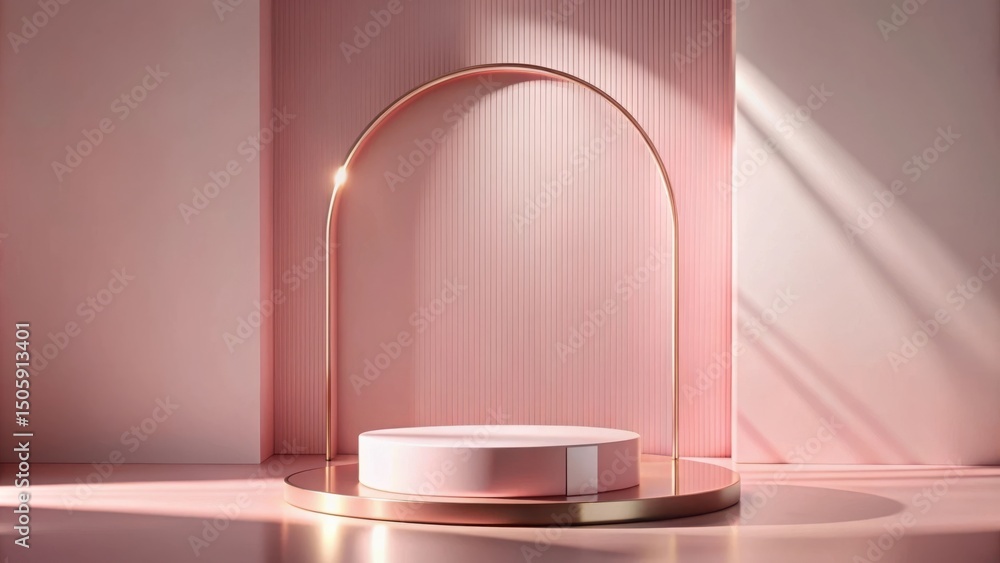 Poster a minimal pink and gold backdrop featuring a round pedestal and an arched frame, illuminated by soft