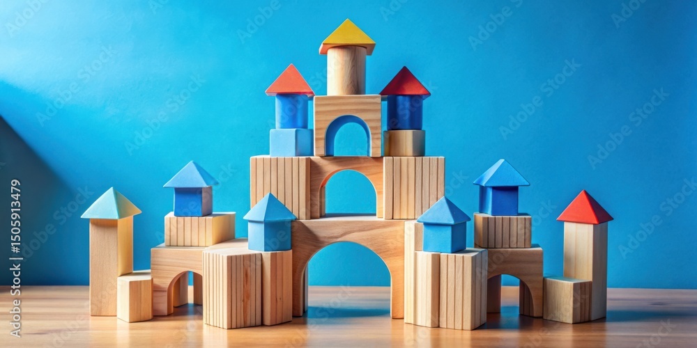 Poster a colorful wooden castle constructed with blocks, showcasing the imaginative possibilities of buildi