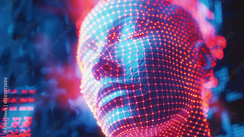 Aufkleber digital human face with glowing mesh network and neon colors representing advanced technology and ai