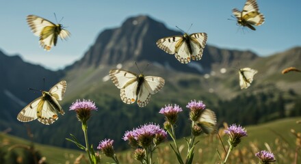 Butterfly Flying Over Purple Flower in Mountain Landscape