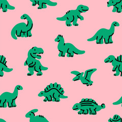 Fototapeta na wymiar Various little Dinosaurs. Cute dino characters. Hand drawn Vector illustration. Print, poster, nursery, kids apparel, baby party invitation, card, child clothes design template. Seamless Pattern