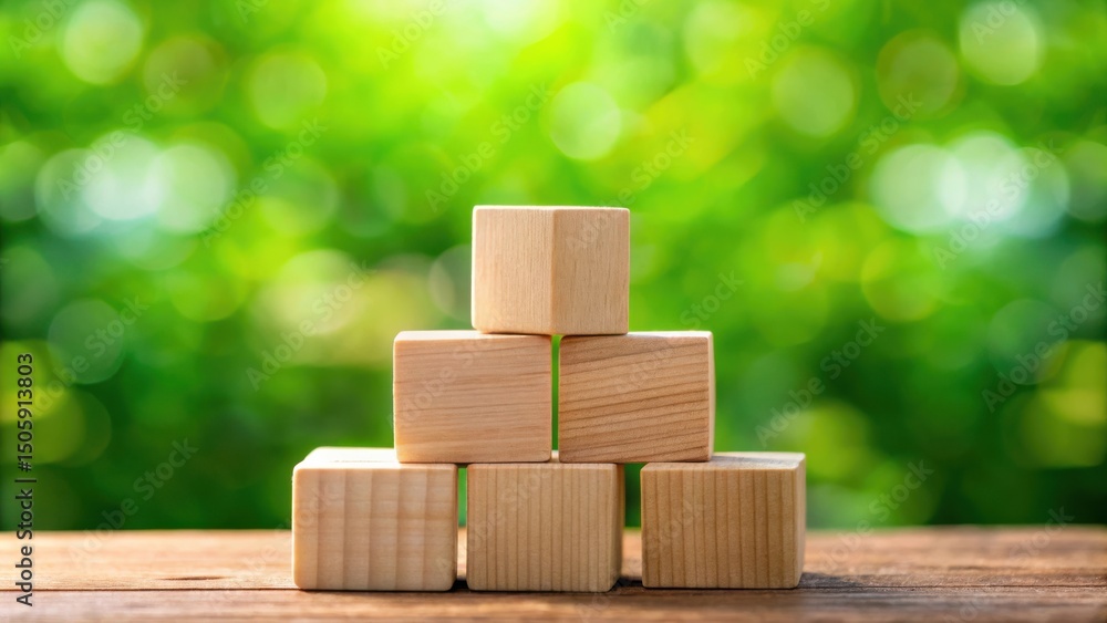 Poster wooden blocks stacked in a pyramid on a wooden surface with a blurred green background