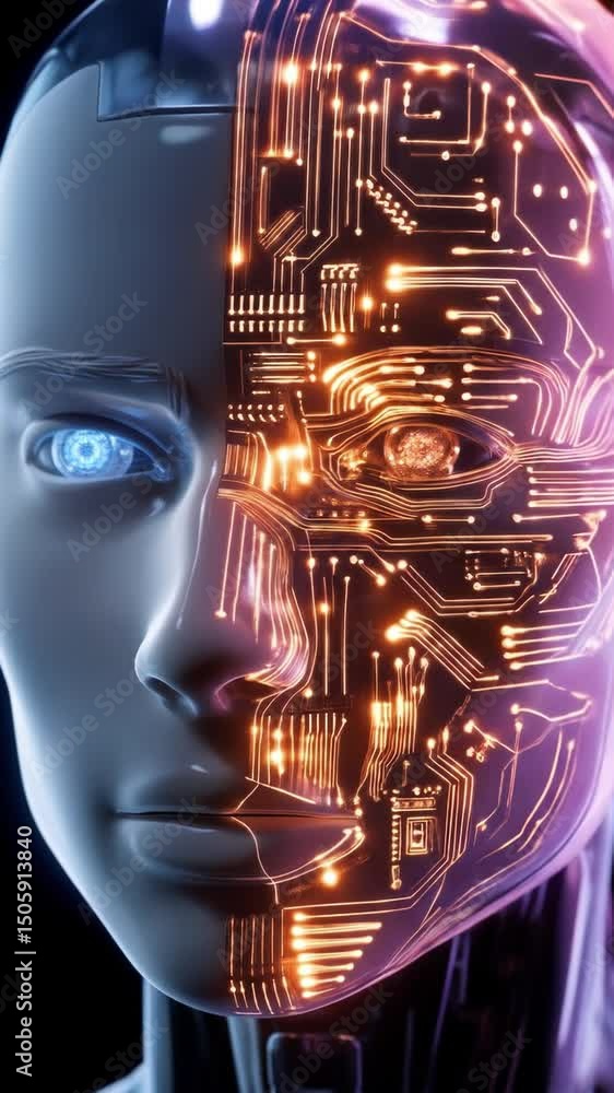 Poster a robotic face merges human traits with advanced technology, showcasing the intriguing link between 