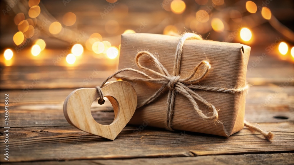 Aufkleber rustic brown gift box with twine bow and wooden heart on wooden table with bokeh lights