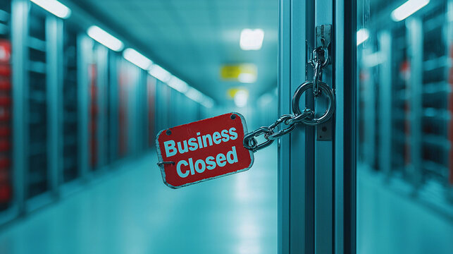 business closed. Business closure sign on a locked door in a dimly lit corridor. - Powered by Adobe
