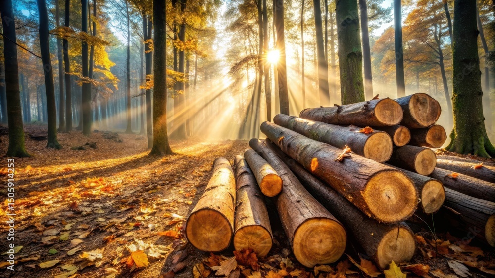 Poster golden sunlight illuminates a stack of logs in a misty forest, casting long shadows through the tree