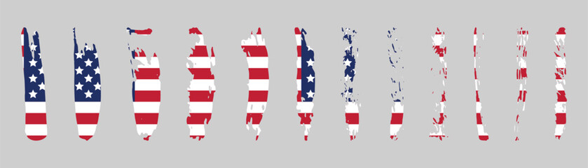 Set of  brush stroke with USA colors pattern Vintage Style United States Flag with Weathered Paint Aging effect Strokes are jagged imperfect America design elements collection
