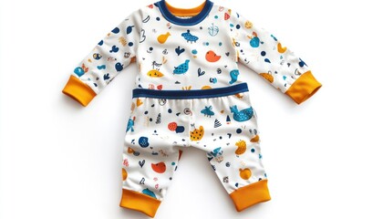 A baby pajama set with a white background and colorful cartoon animal and shape pattern design is displayed