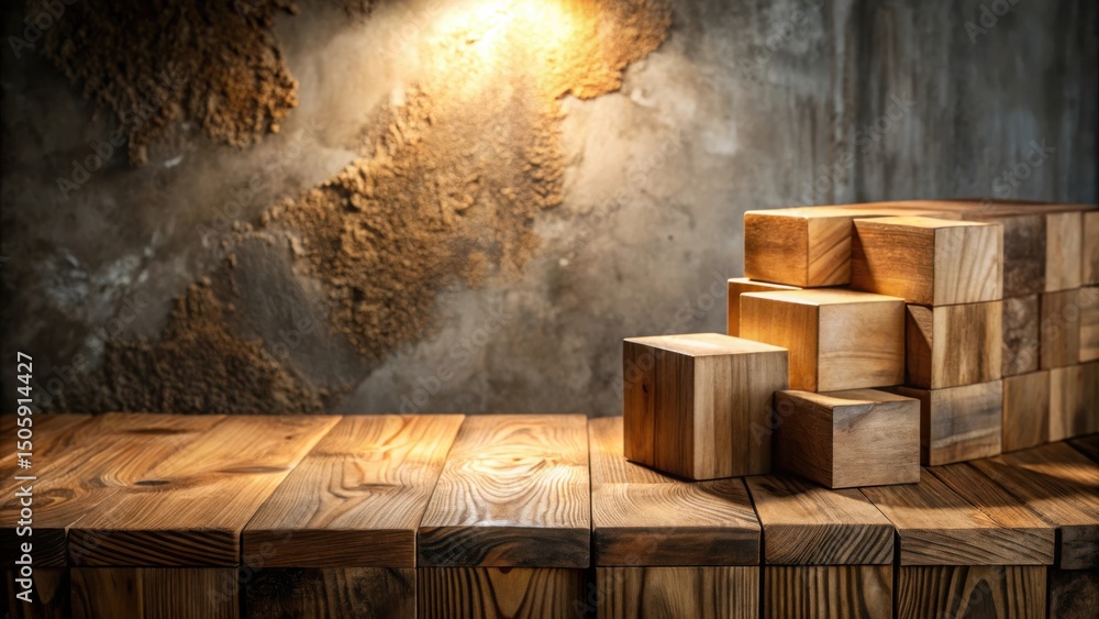 Leinwandbilder a rustic wooden table with stacked wooden blocks against a textured backdrop, illuminated by soft li