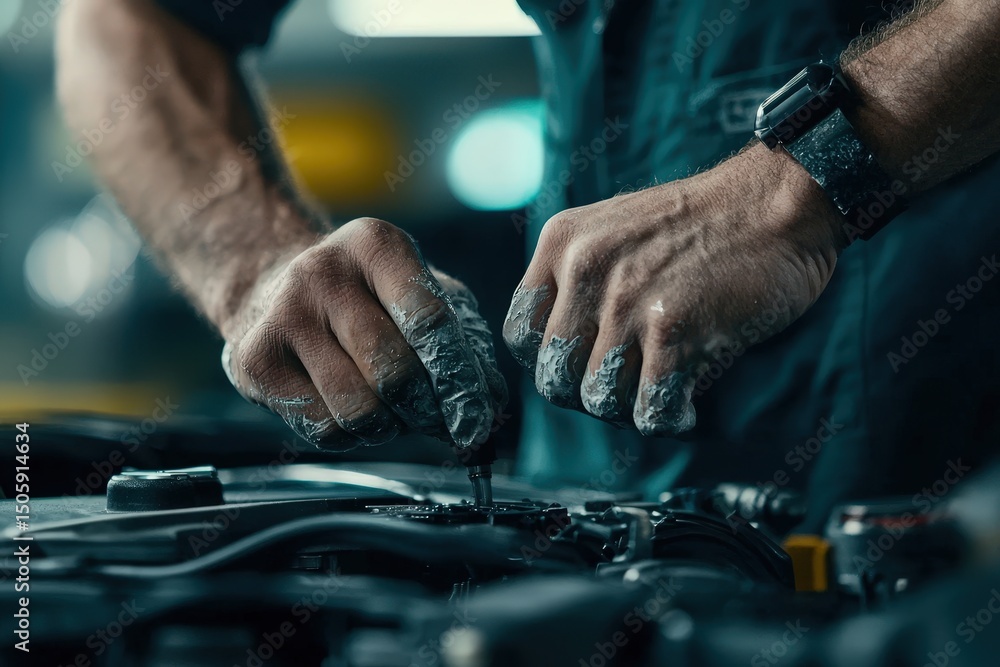 Aufkleber mechanic working on a vehicle engine with dirty hands and tools in a dimly lit workshop.