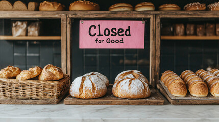 business closed. Bakery display with a sign indicating it is closed permanently.