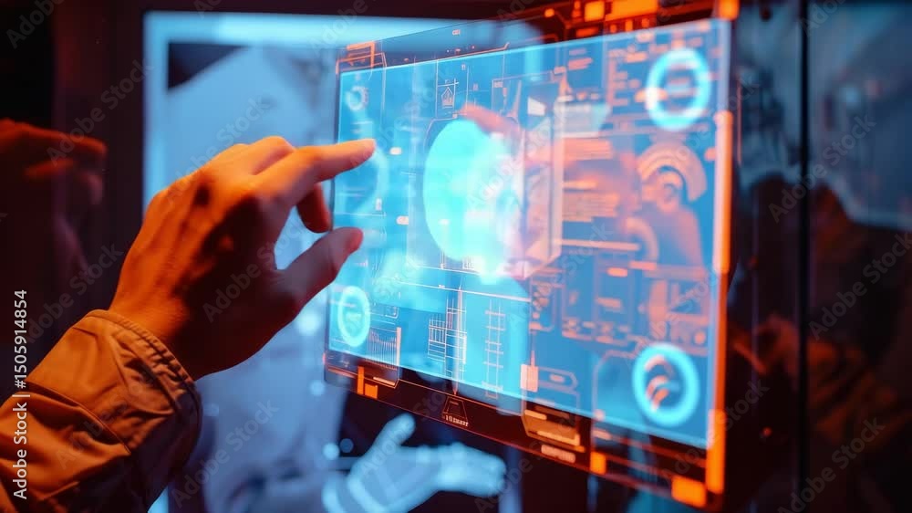 Poster futuristic touchscreen interface with interactive technology elements in a dark environment
