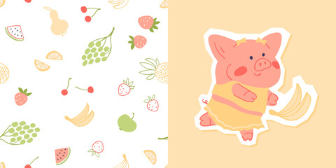 Cute collection with print cartoon animal and seamless pattern. Vector fruits background in simple style. Adorable pig design element.