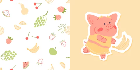Fotobehang Naadloze herfst Cute collection with print cartoon animal and seamless pattern. Vector fruits background in simple style. Adorable pig design element.  © Vala Ivaschenko