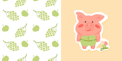 Cute collection with print cartoon animal and seamless pattern. Vector grape and apple background in simple style. Adorable pig design element.