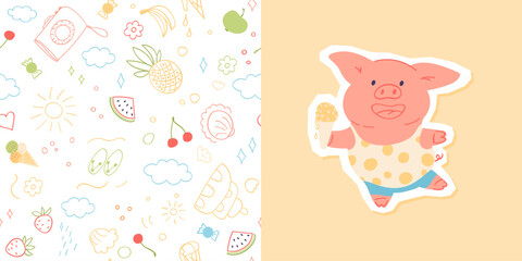 Cute collection with print cartoon animal and seamless pattern. Vector doodle background in simple style. Adorable pig design element.
