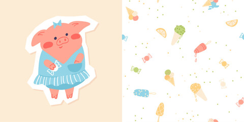 Cute collection with print cartoon animal and seamless pattern. Vector fruit and ice cream background in simple style. Adorable pig design element.