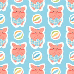 Cute baby pig character seamless pattern for wrapping paper, fabric and textile design. Adorable summer vector Illustration