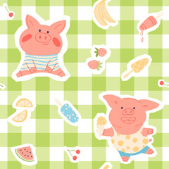 Gingham seamless vector pattern with baby pigs and fruits. Print for wrapping paper, fabric and textile design. Adorable bright summer illustration