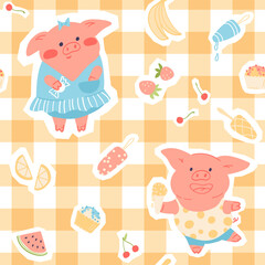 Gingham seamless vector pattern with baby pigs and fruits. Print for wrapping paper, fabric and textile design. Adorable bright summer illustration