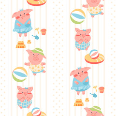 Cute baby pig character relaxing on the beach seamless pattern. Design for wrapping paper, fabric and textile. Adorable summer vector Illustration