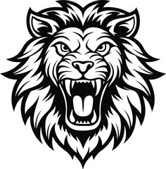 Fierce lion head roaring aggressive mascot illustration in bold black and white design