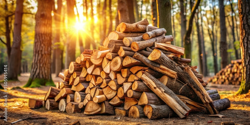 Poster A large pile of neatly stacked firewood in a woodland setting with the sun shining through the trees