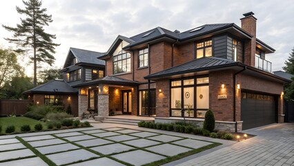 Naklejka premium Exterior view of a large brick house with a dark roof and a patterned driveway at dusk or dawn