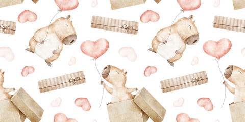 Capybaras with red hearts balloons and gift boxes. Valentine's Day background with cute rodent. Hand drawn watercolor seamless pattern. Print of guinea pig for February 14, textile, wrapping paper