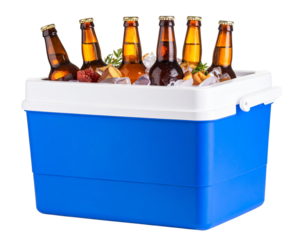 Blue Foam Cooler Box with Ice and Refreshments – Transparent Background